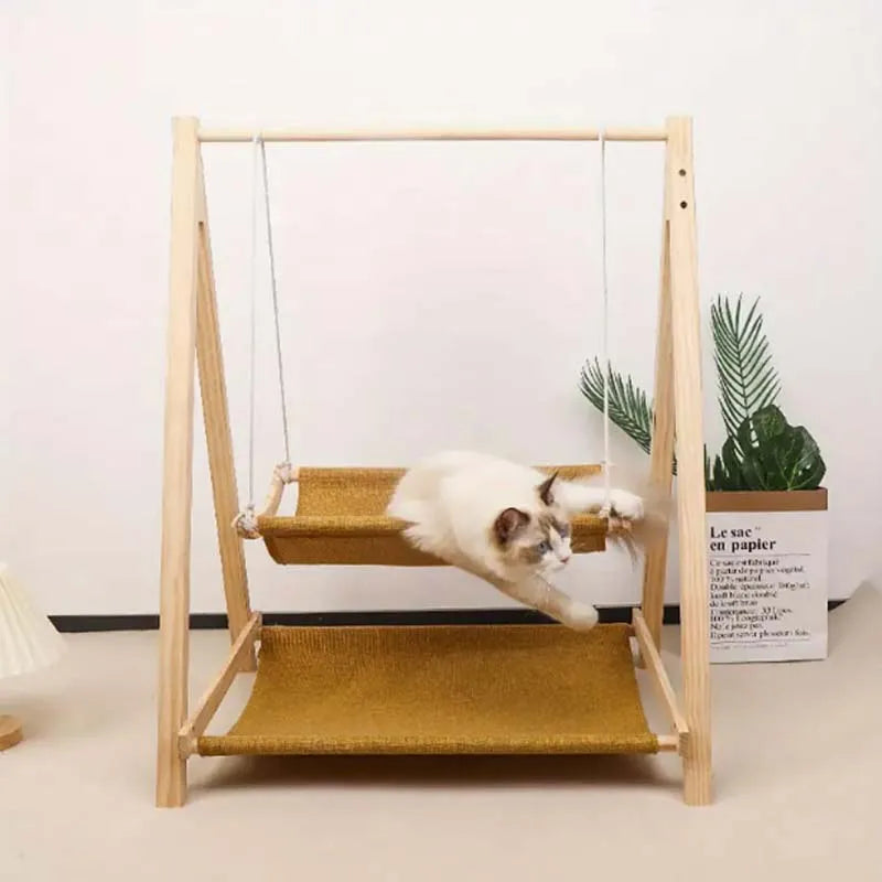 Cozy Dual-Level Wooden Cat Swing Bed with Soft Beige Fabric