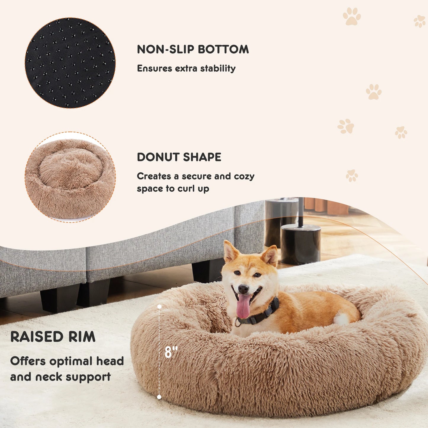 JHK Calming Dog Bed Washable Faux Fur Plush Round Bed
