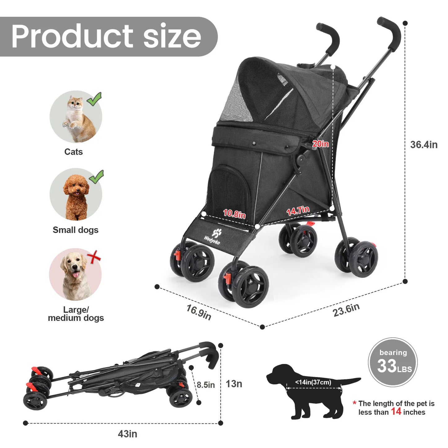 Pet Dog Stroller with Four Wheels Portable Puppy Stroller with Rotating Brakes and Storage for Dogs and Cats Travel and Outdoor Use