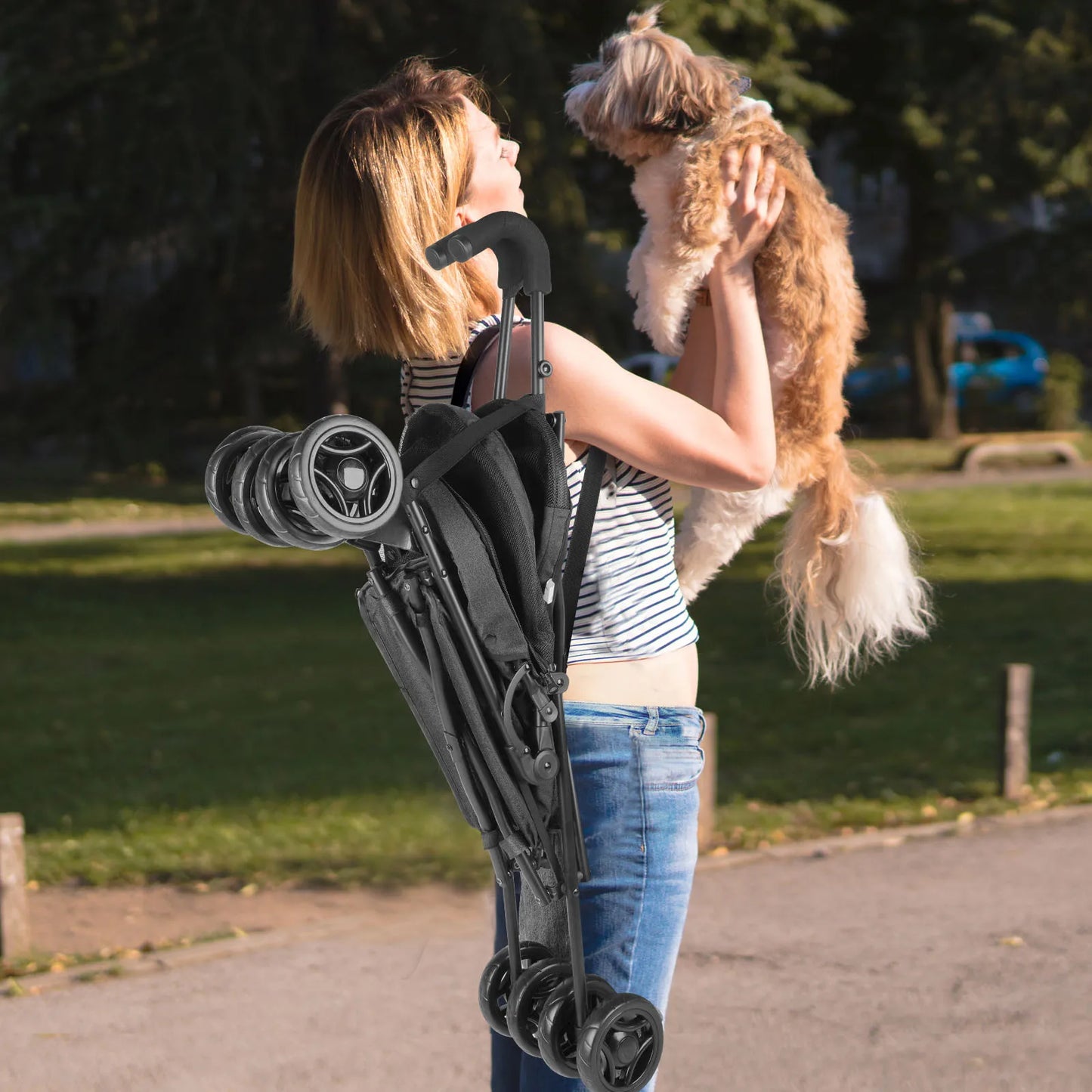 Pet Dog Stroller with Four Wheels Portable Puppy Stroller with Rotating Brakes and Storage for Dogs and Cats Travel and Outdoor Use