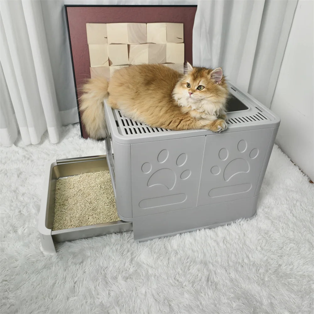 Enclosed Stainless Steel Cat Litter Box with Easy Cleaning Lid
