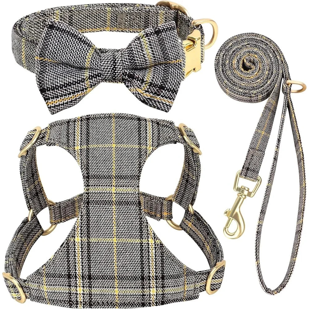 Cute Small Dog Harness Set with Adjustable Plaid Collar and Leash