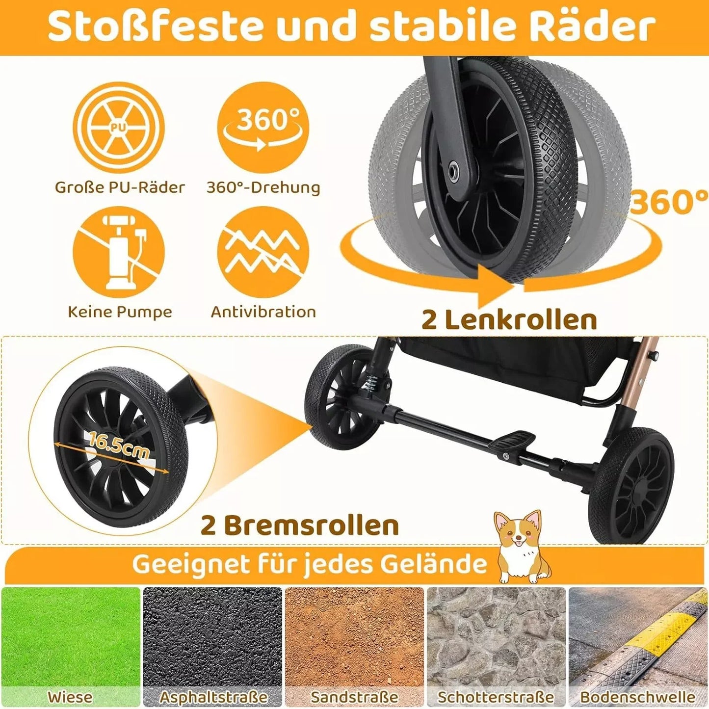 2 in 1 Dog Buggy Stroller with 360 Degree Wheels and Storage Basket