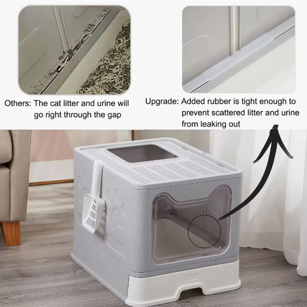 Convenient Foldable Cat Litter Box with Drawer Design and Scooper