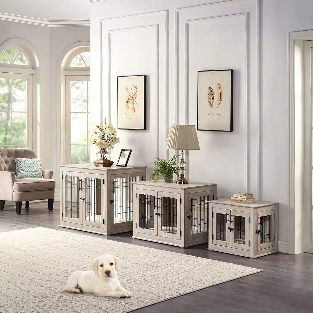 Furniture Style Dog Crate End Table Wooden Wire Kennel with Pet Bed