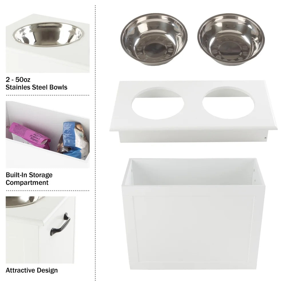 Elevated Dog Bowls with Hidden Storage Compartment Stainless Steel Pet Feeder Station Easy Clean Adjustable Height Organizer