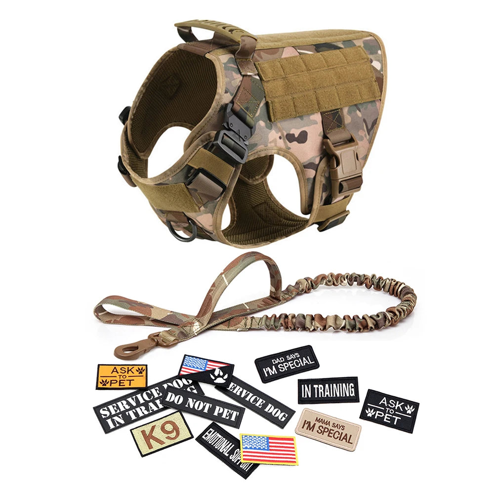 Military Style Dog Harness Set with Collar Leash and Patches