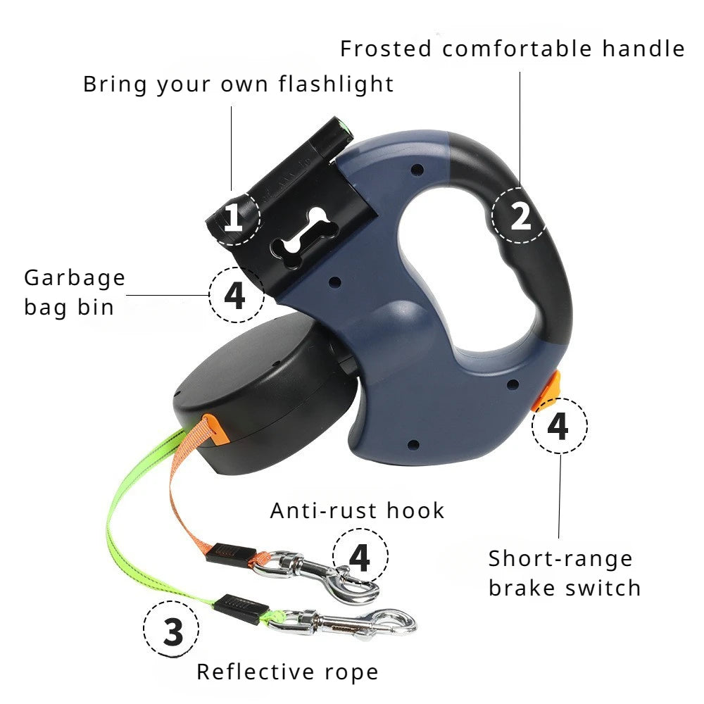 Automatic Retractable Two End Pet Leash with Flashlight 10 Feet