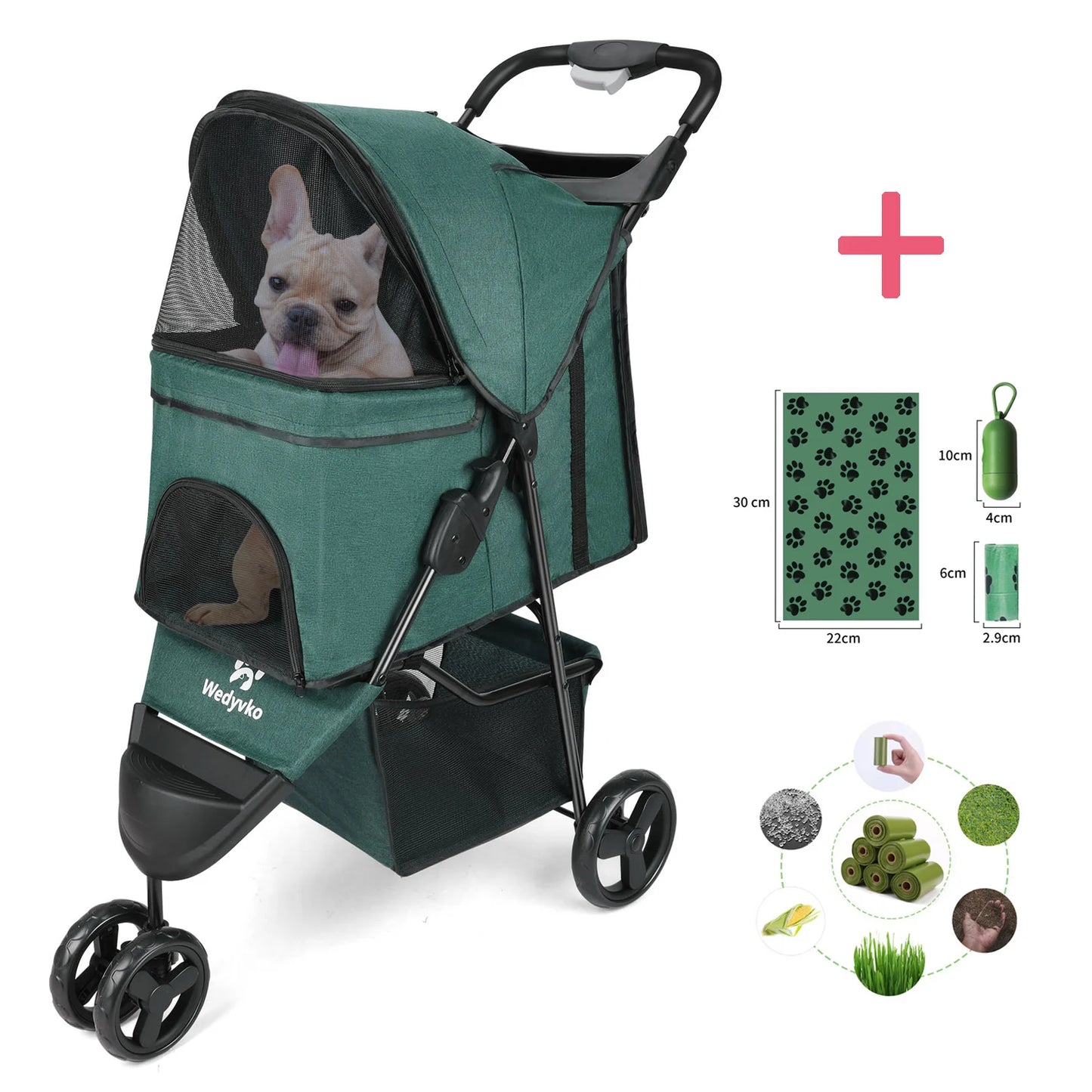 Three Wheel Foldable Pet Stroller with Storage Basket and Handle
