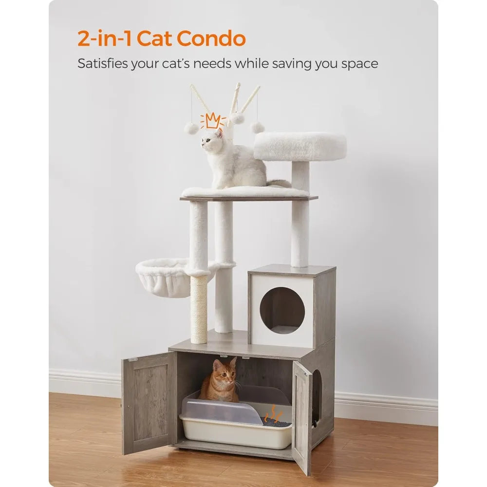 Cat Tree With Litter Box Enclosure 2 In 1 Modern Cat Tower 55.1 Inch Cat Condo With Scratching Posts Removable Pompom Sticks