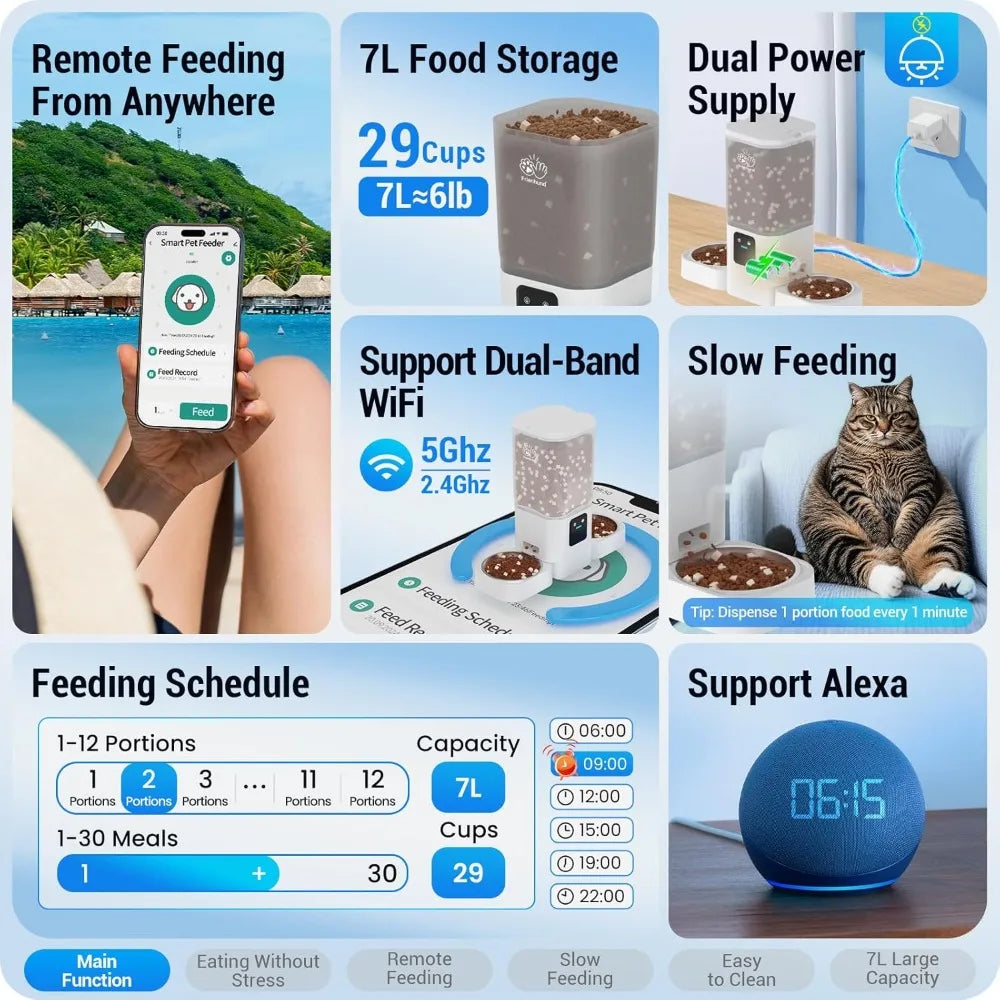 Automatic Cat Feeder WiFi Slow Feed Large Capacity for Two Cats
