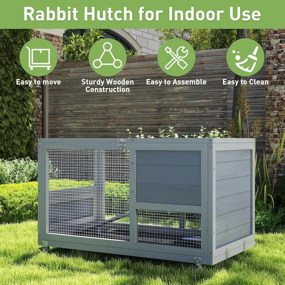 Hign-concerned Wood Rabbit Hutch On Wheels With Tray