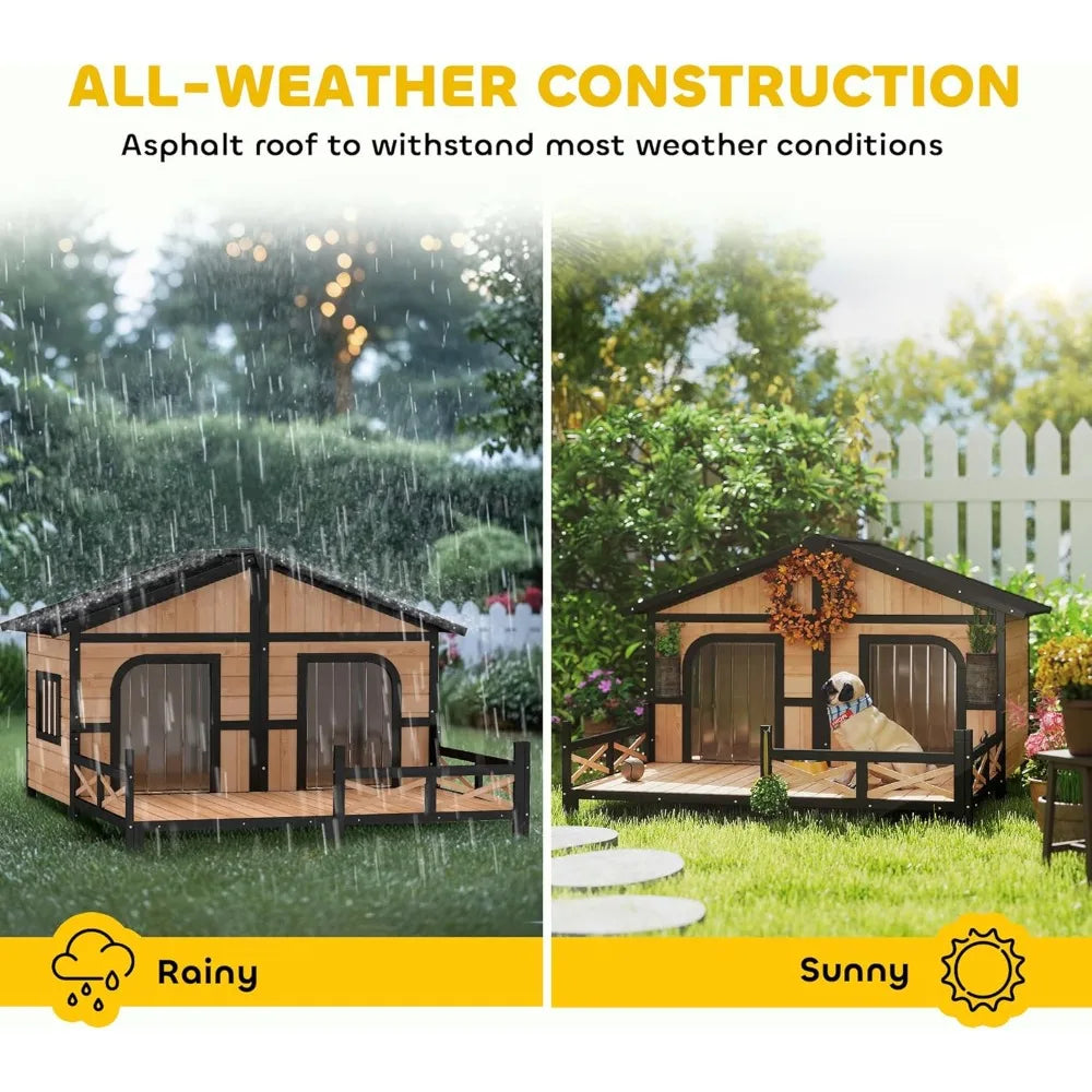 Natural Wood Double Dog House Outdoor Kennel With Porch