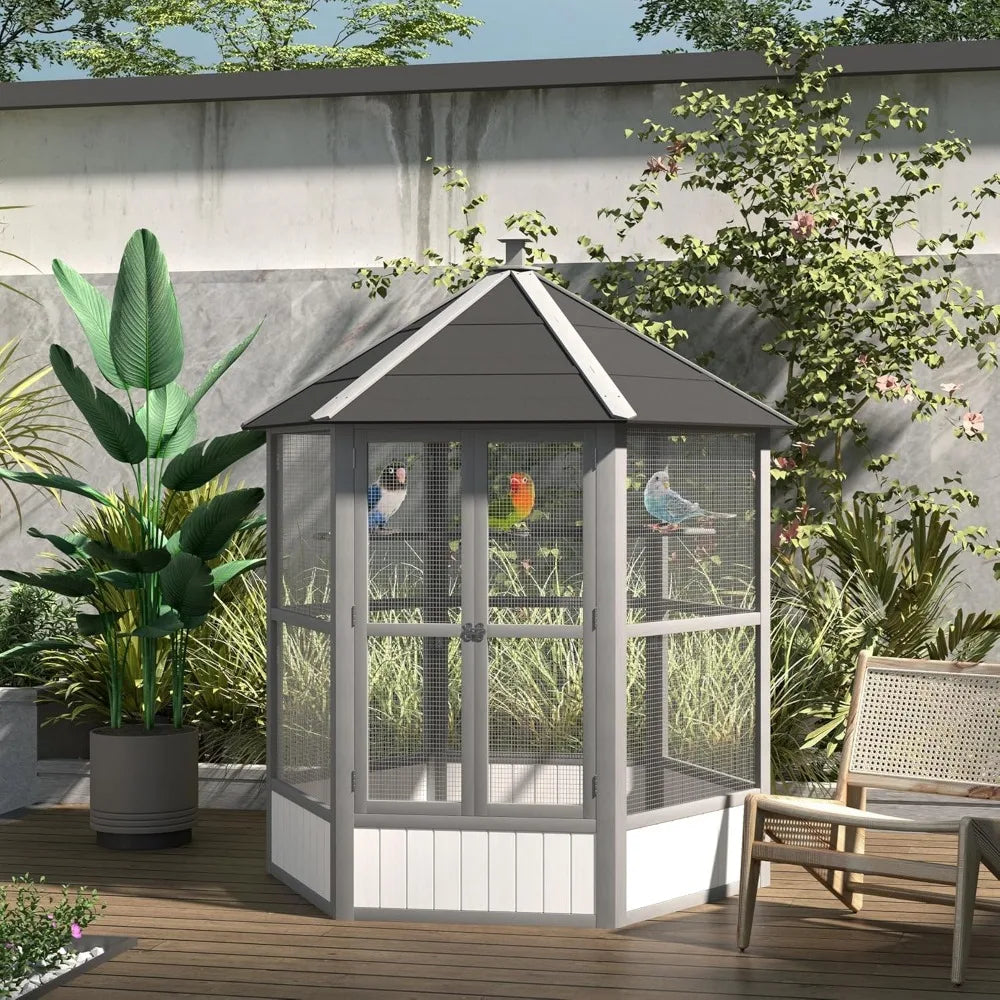 Hexagonal Outdoor Wooden Bird Aviary With Covered Roof