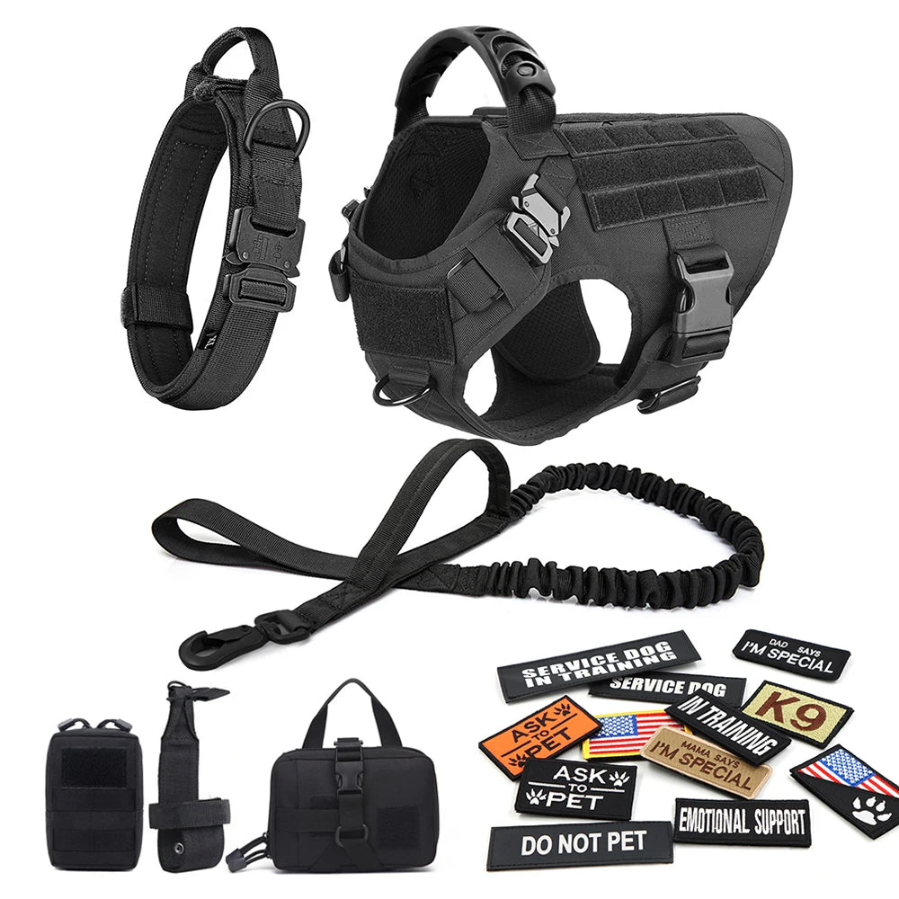 Military Style Dog Harness Set with Collar Leash and Patches