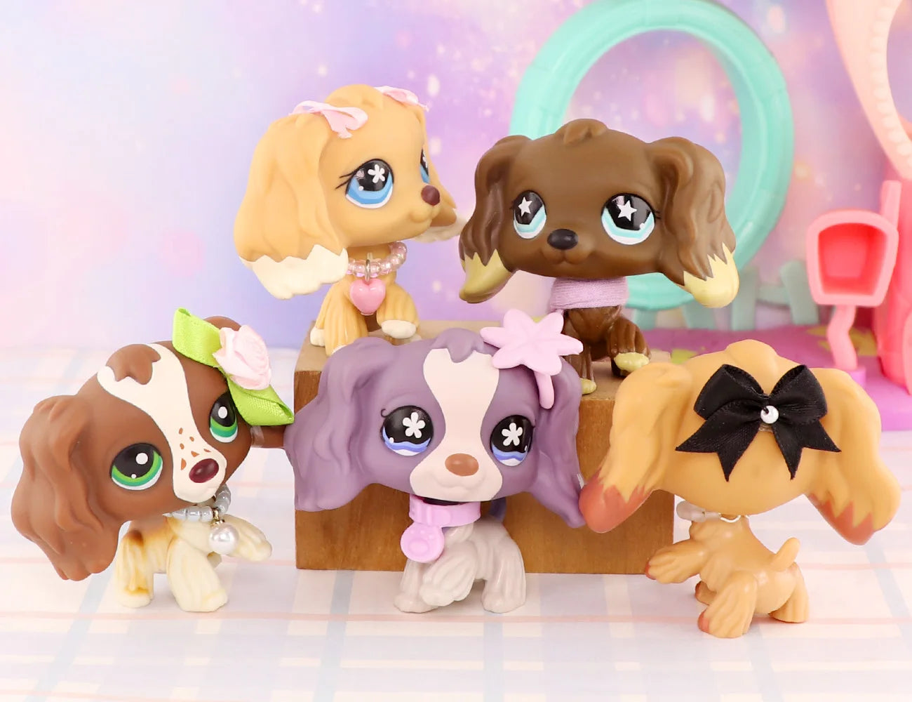 5PCS Mini Cocker Spaniel Vinyl Dolls with Accessories Set