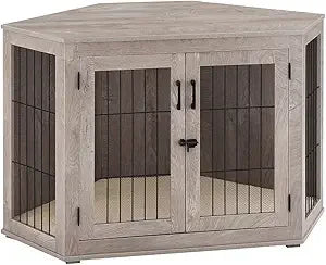 Wooden Corner Dog Crate End Table with Cushion for Small Dogs