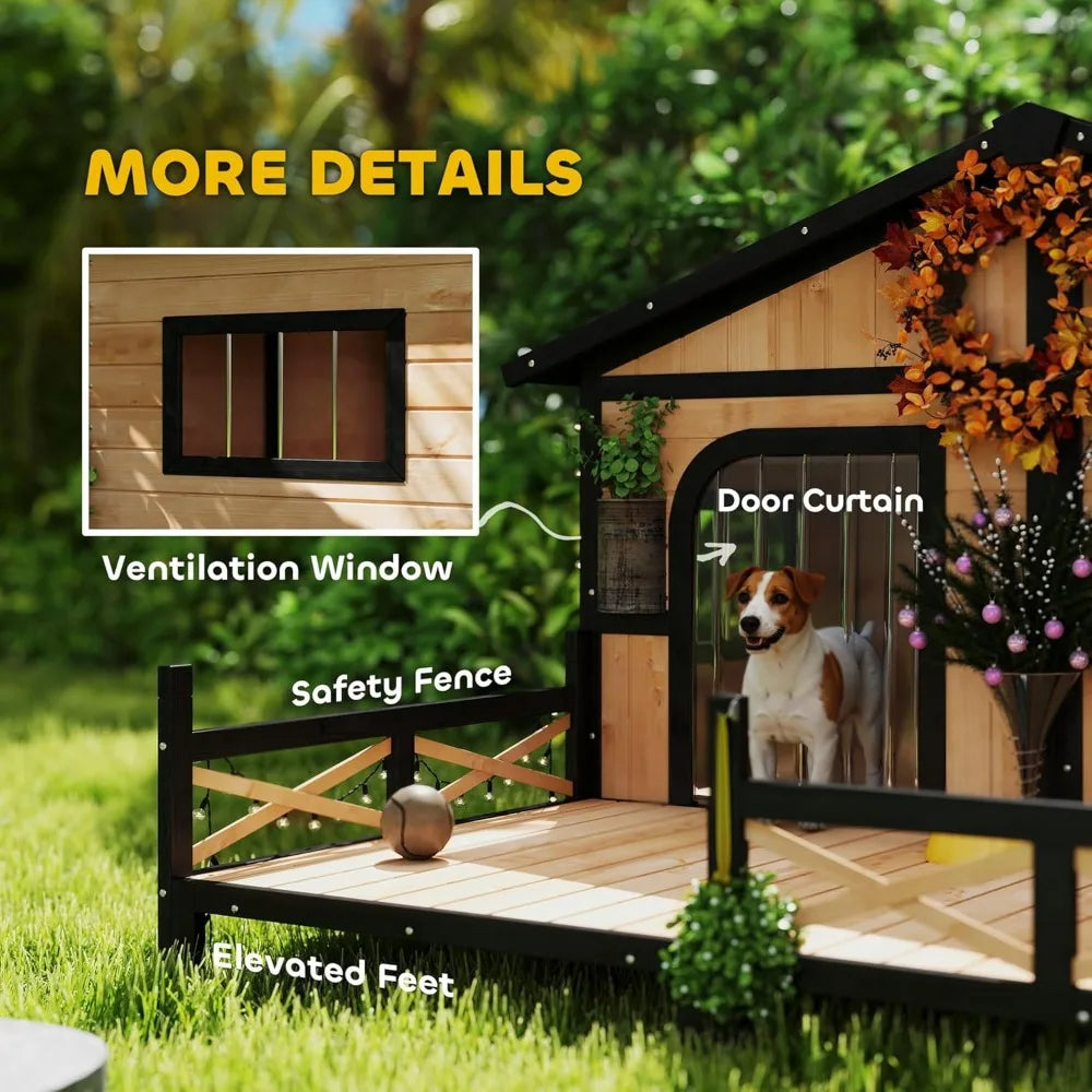 Natural Wood Double Dog House Outdoor Kennel With Porch