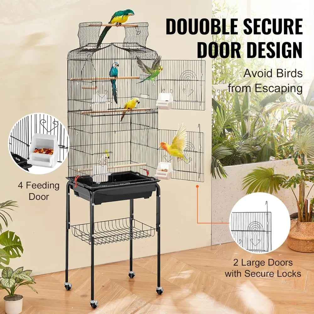 Open Top Parrot Cage With Detachable Rolling Stand