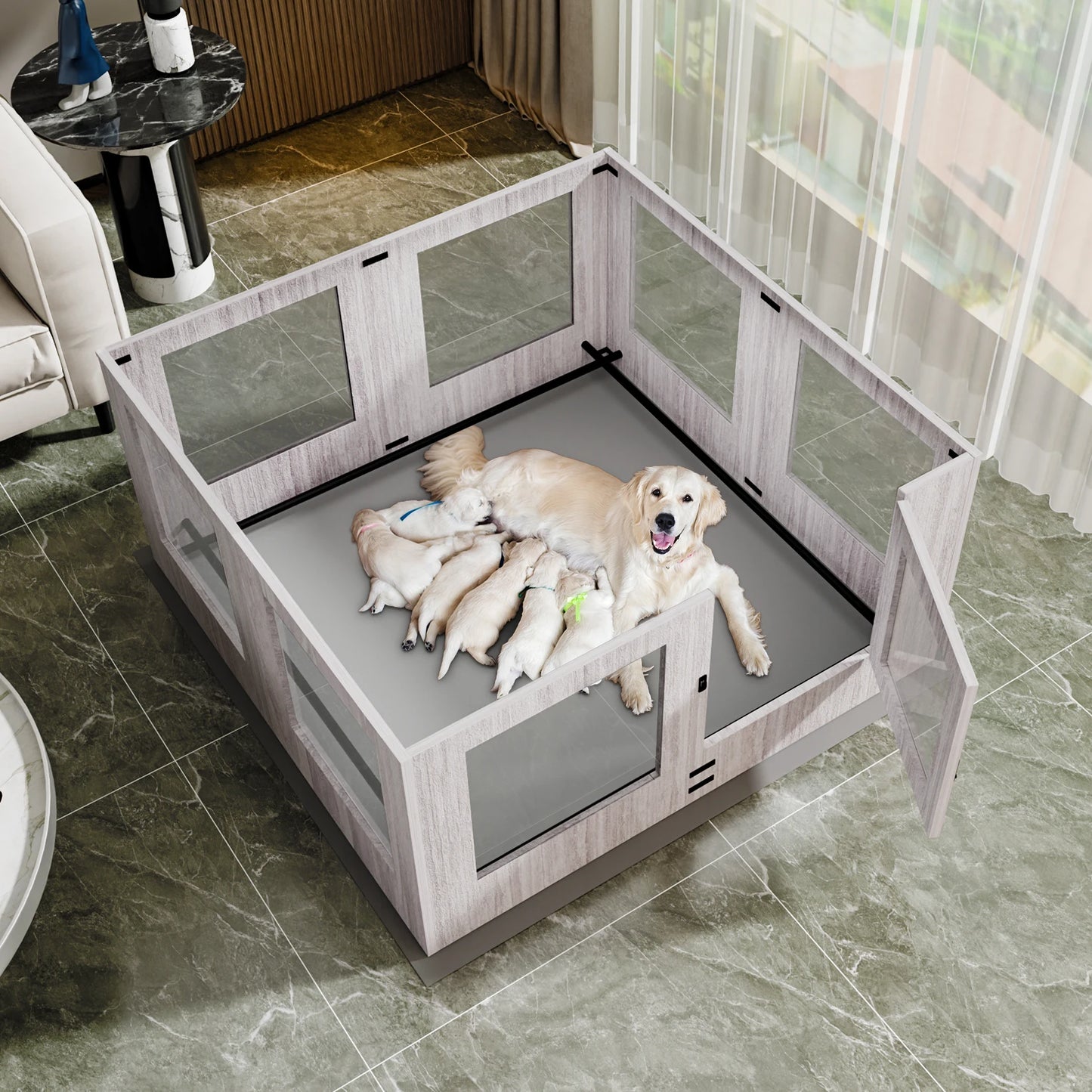 Bingo Paw Tempered Glass Dog Playpen With Waterproof Pad