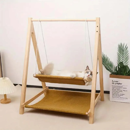 Cozy Dual-Level Wooden Cat Swing Bed with Soft Beige Fabric