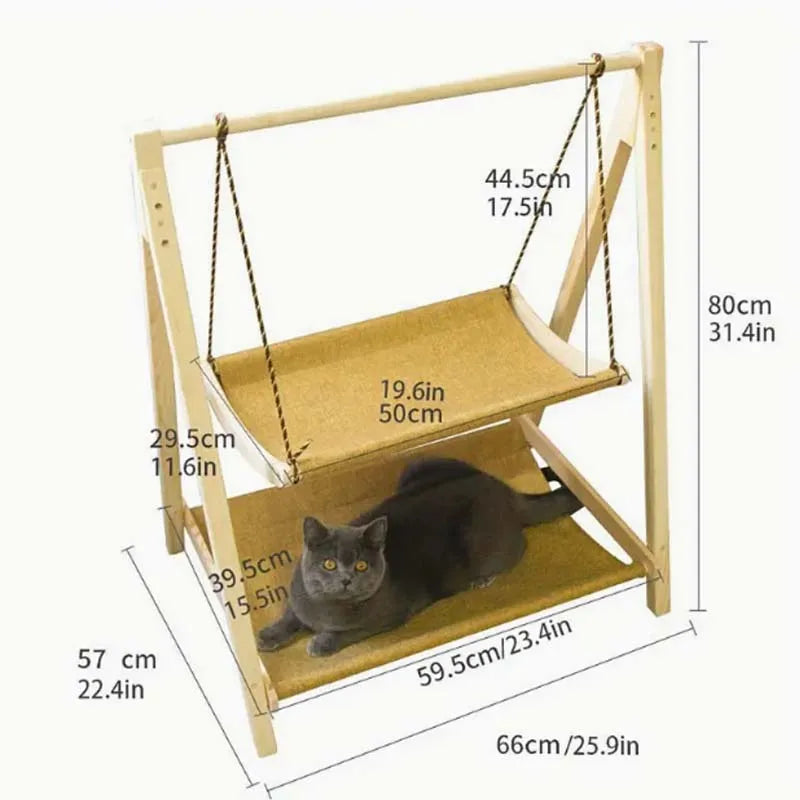 Cozy Dual-Level Wooden Cat Swing Bed with Soft Beige Fabric