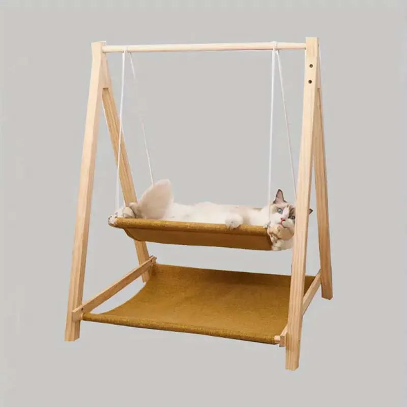 Cozy Dual-Level Wooden Cat Swing Bed with Soft Beige Fabric