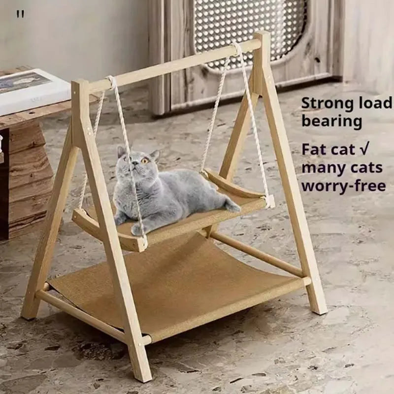 Cozy Dual-Level Wooden Cat Swing Bed with Soft Beige Fabric