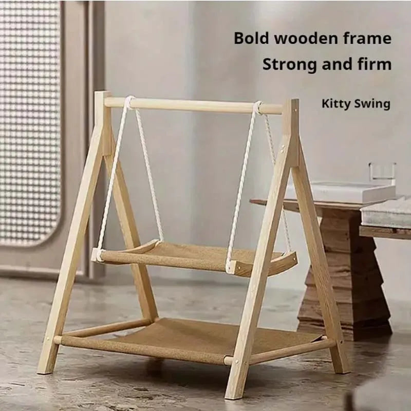 Cozy Dual-Level Wooden Cat Swing Bed with Soft Beige Fabric