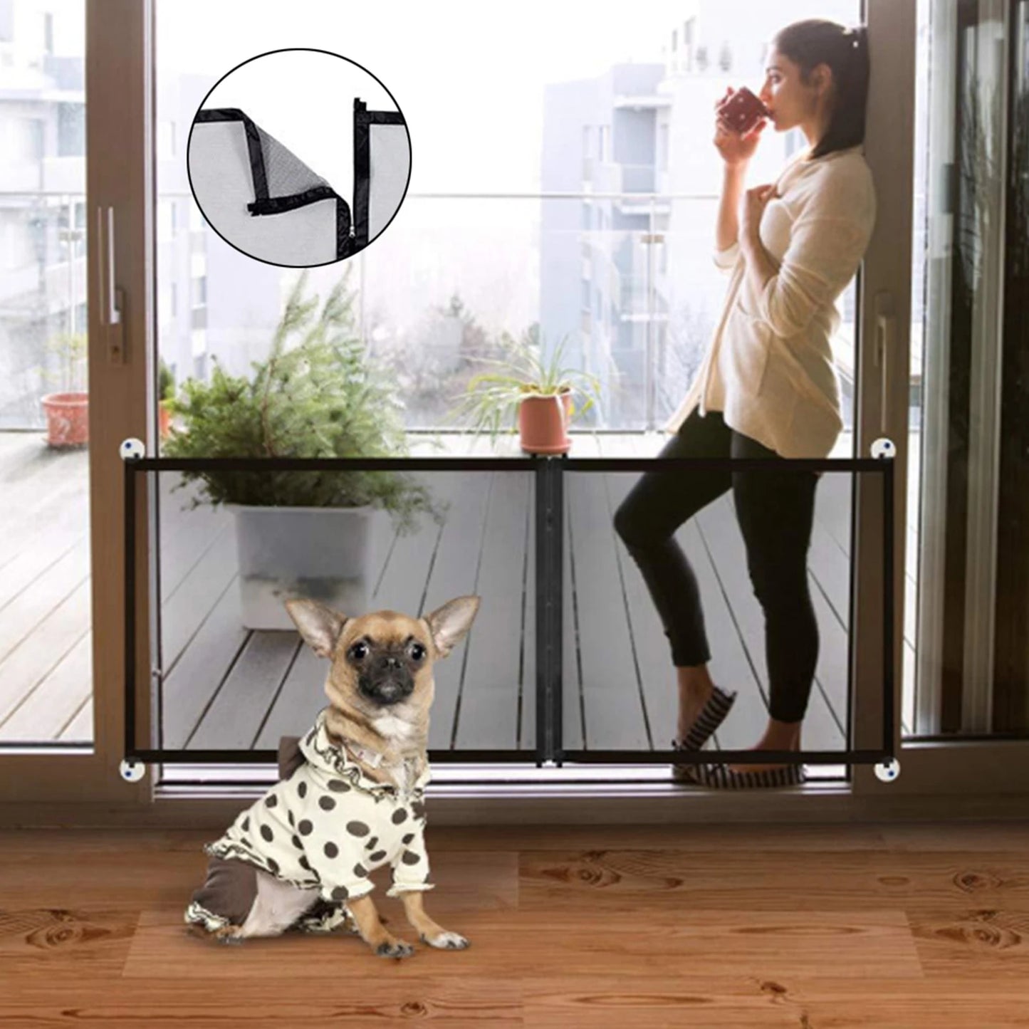 Adjustable Zipper Mesh Dog Gate Portable Folding Pet Barrier