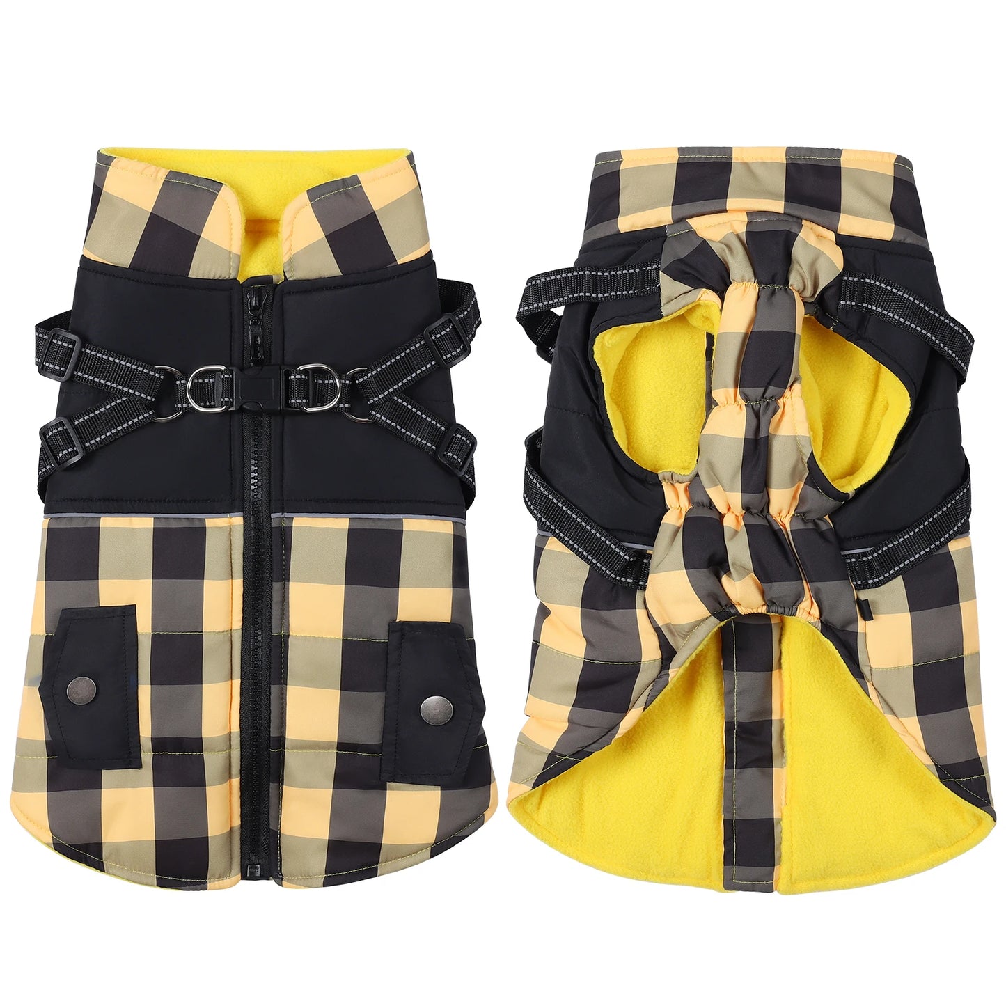 Plaid Thicken Padded Pet Dog Jacket With Harness Cold Weather Windproof Winter Coat For Small Medium Large Dogs