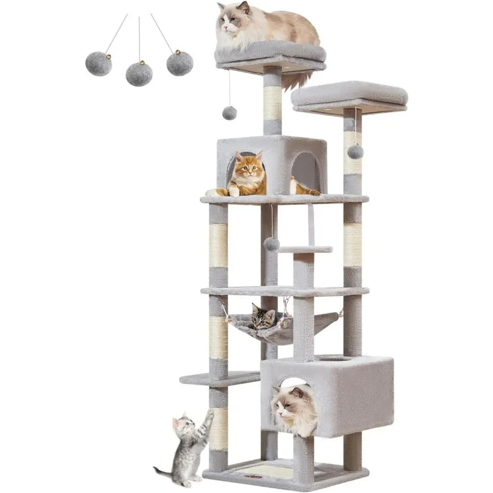 68 Inch Cat Tree Tower for Indoor Cats Plush Multi Level Condo with 6 Scratching Posts 2 Perches and 2 Caves