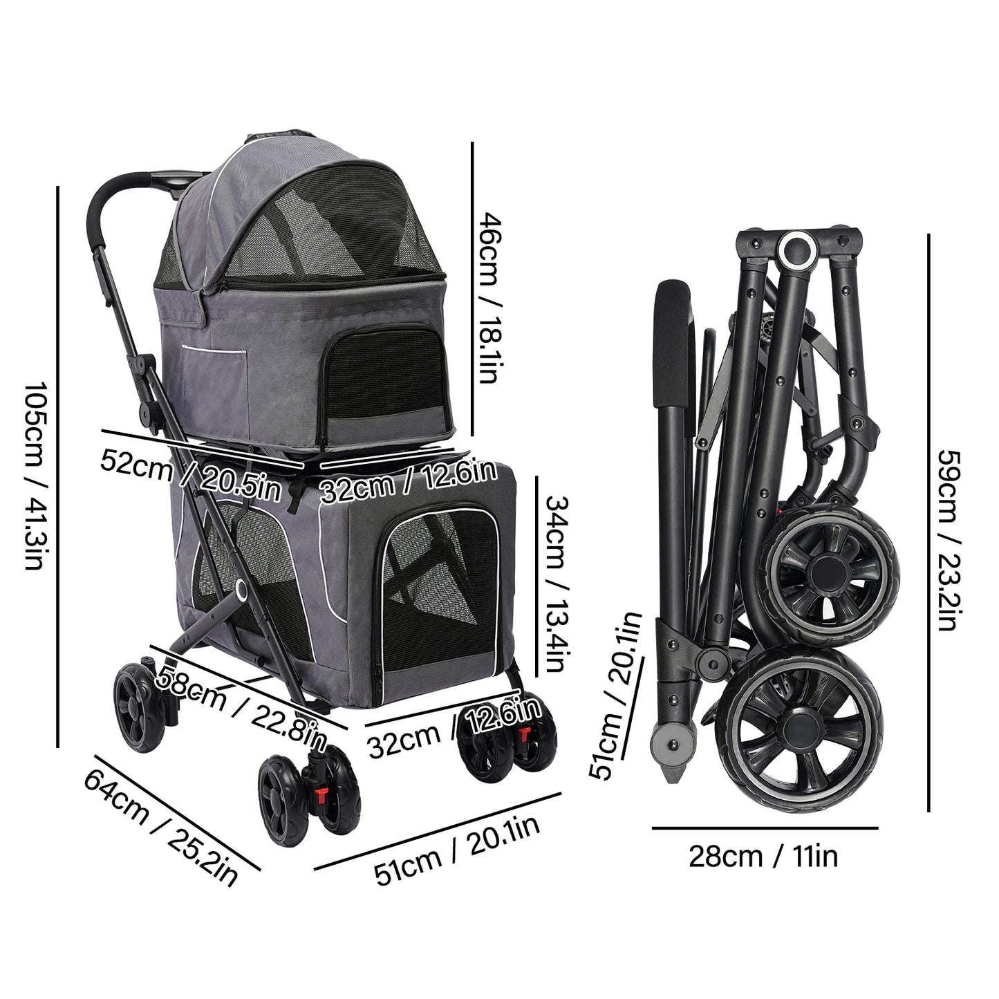 Breed Foldable Pet Stroller Travel With Storage Basket