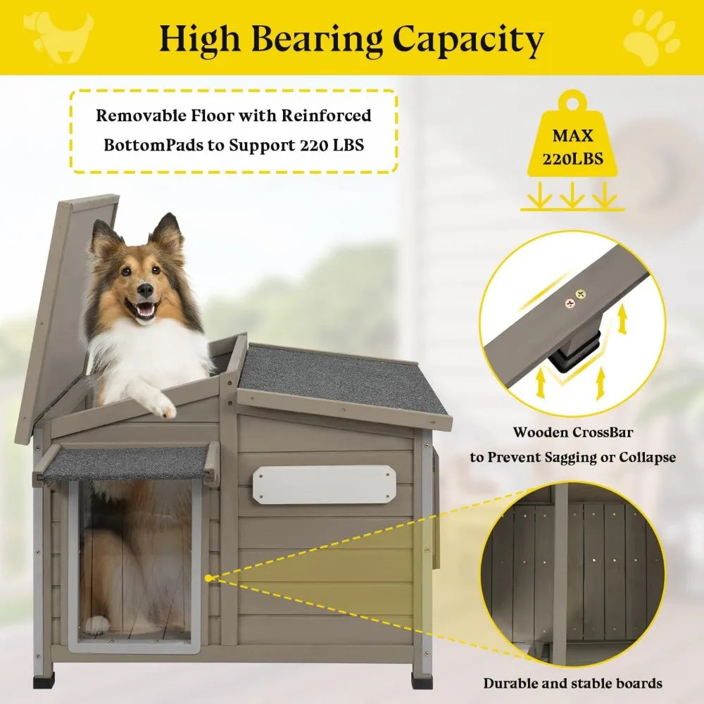 Large Weatherproof Wooden Dog House with Chew-Proof Frame