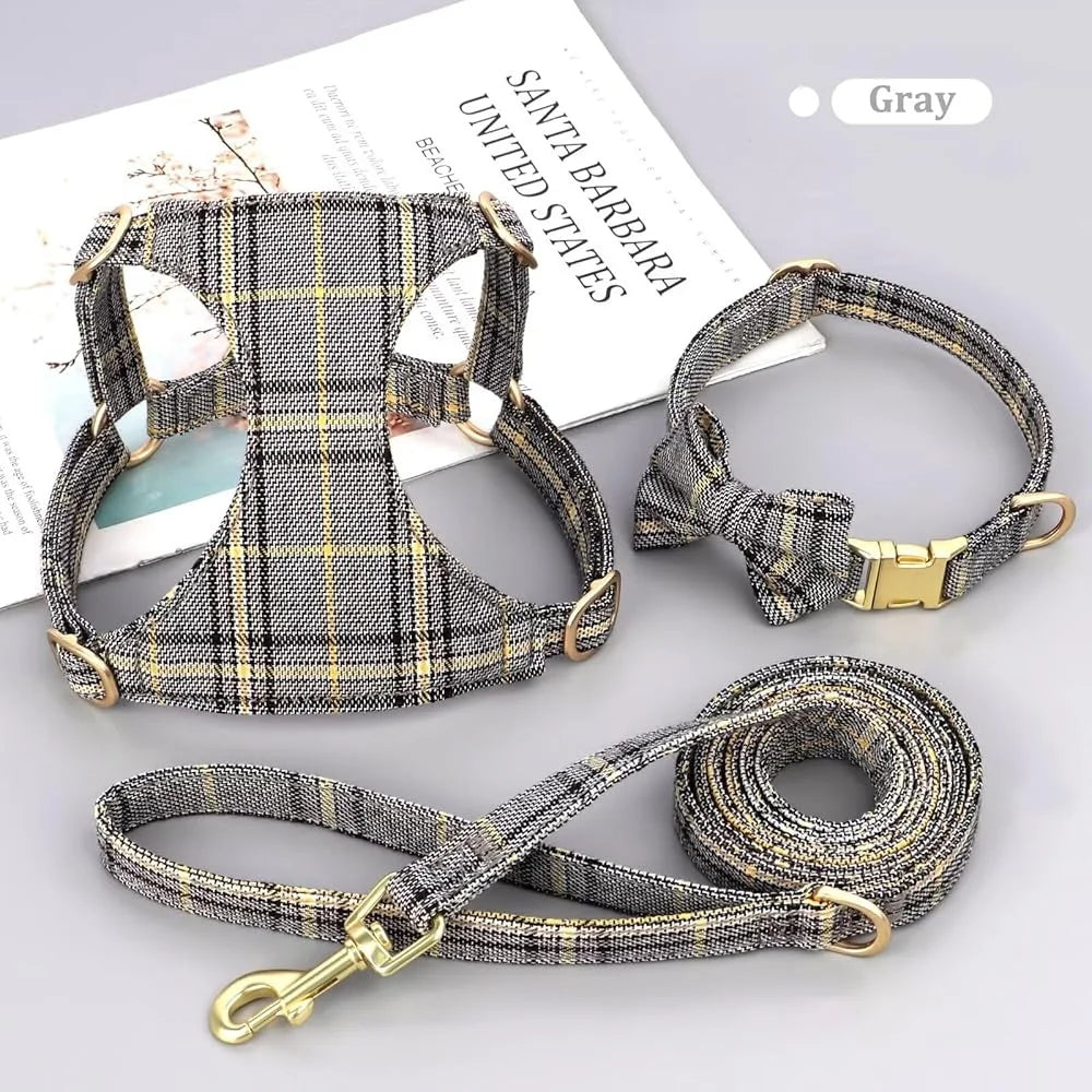 Cute Small Dog Harness Set with Adjustable Plaid Collar and Leash
