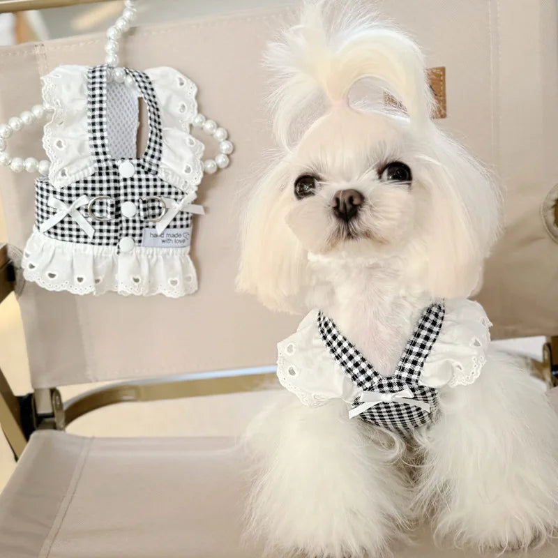 Miss Doggy Lace Puppy Harness Vest Plaid Summer Dog Outfit