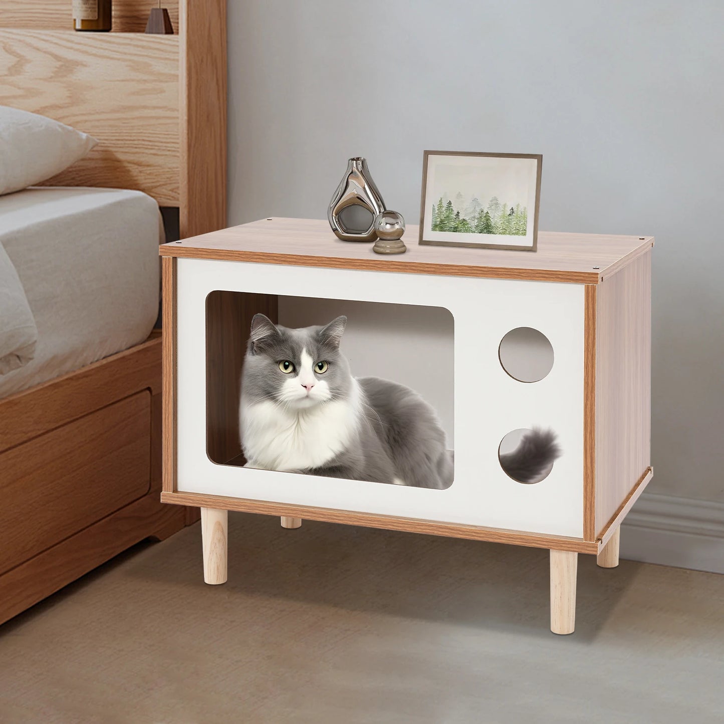 Wooden TV-Shaped Cat House by NoEnName Wear-Resistant Cat Bed for Small Pets