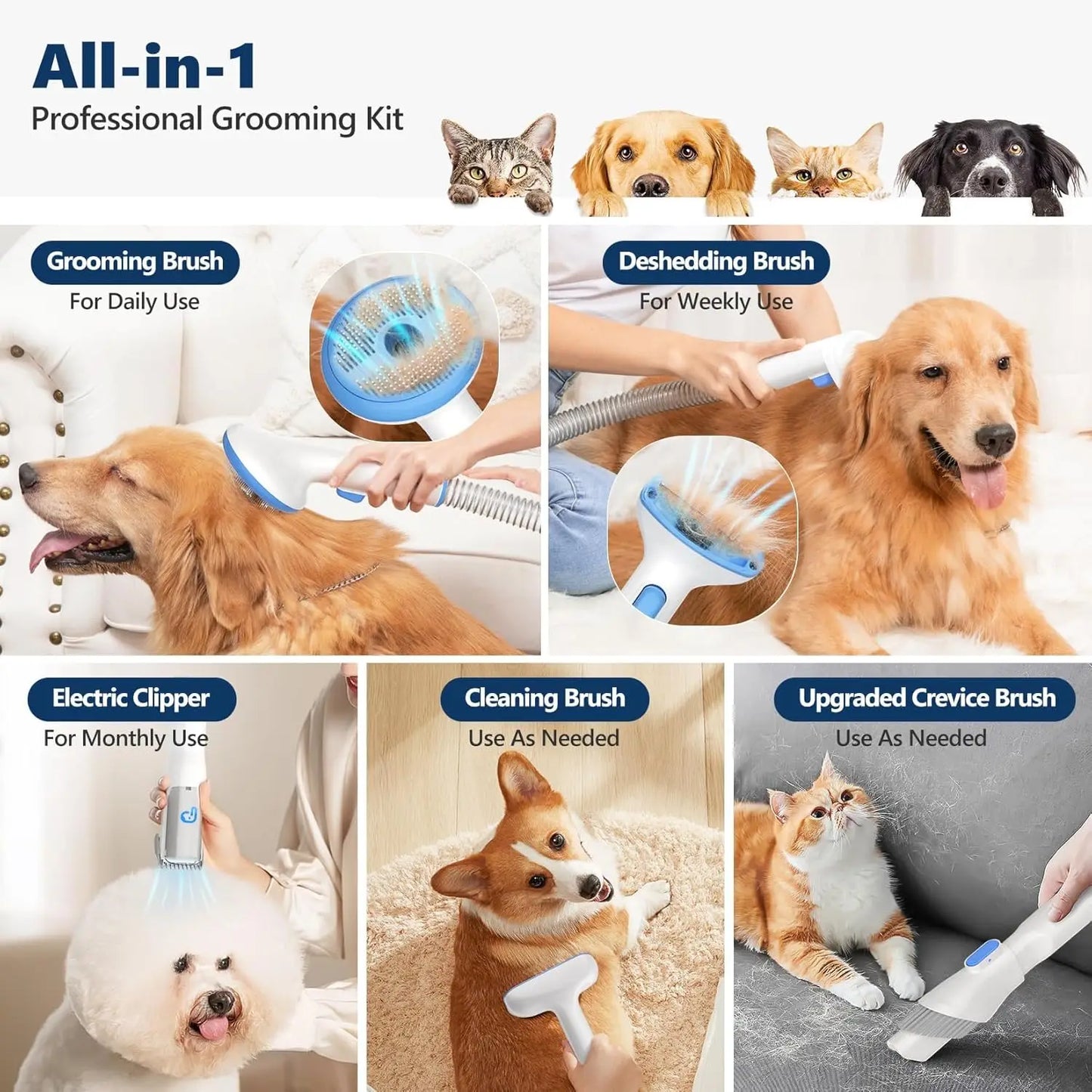 Pet Grooming Vacuum Kit 5 in 1 Low Noise Hair Remover for Shedding Dogs and Cats