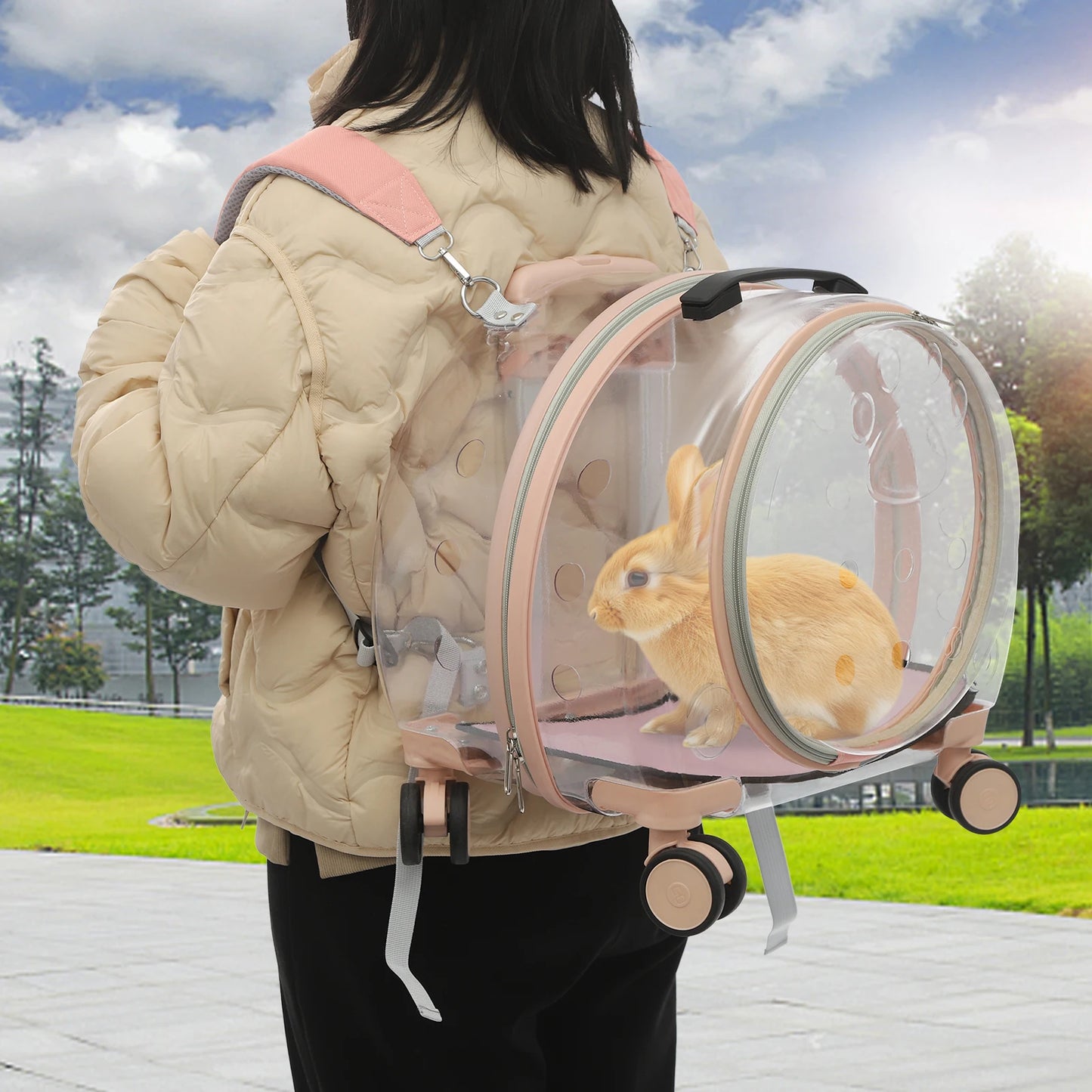 Breathable Waterproof Adjustable Cat Carrier with Rolling Wheels