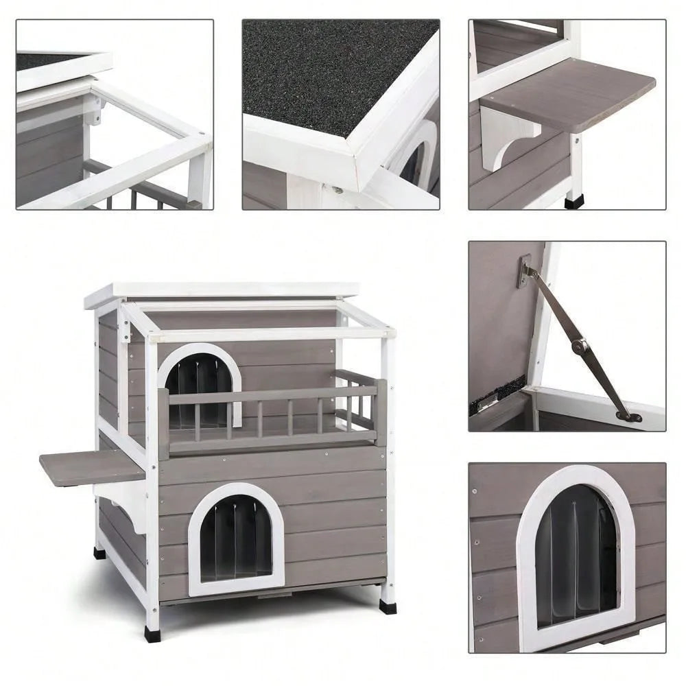 Outdoor Wood Two Floor Cat Condo Pet House with Balcony Stairs
