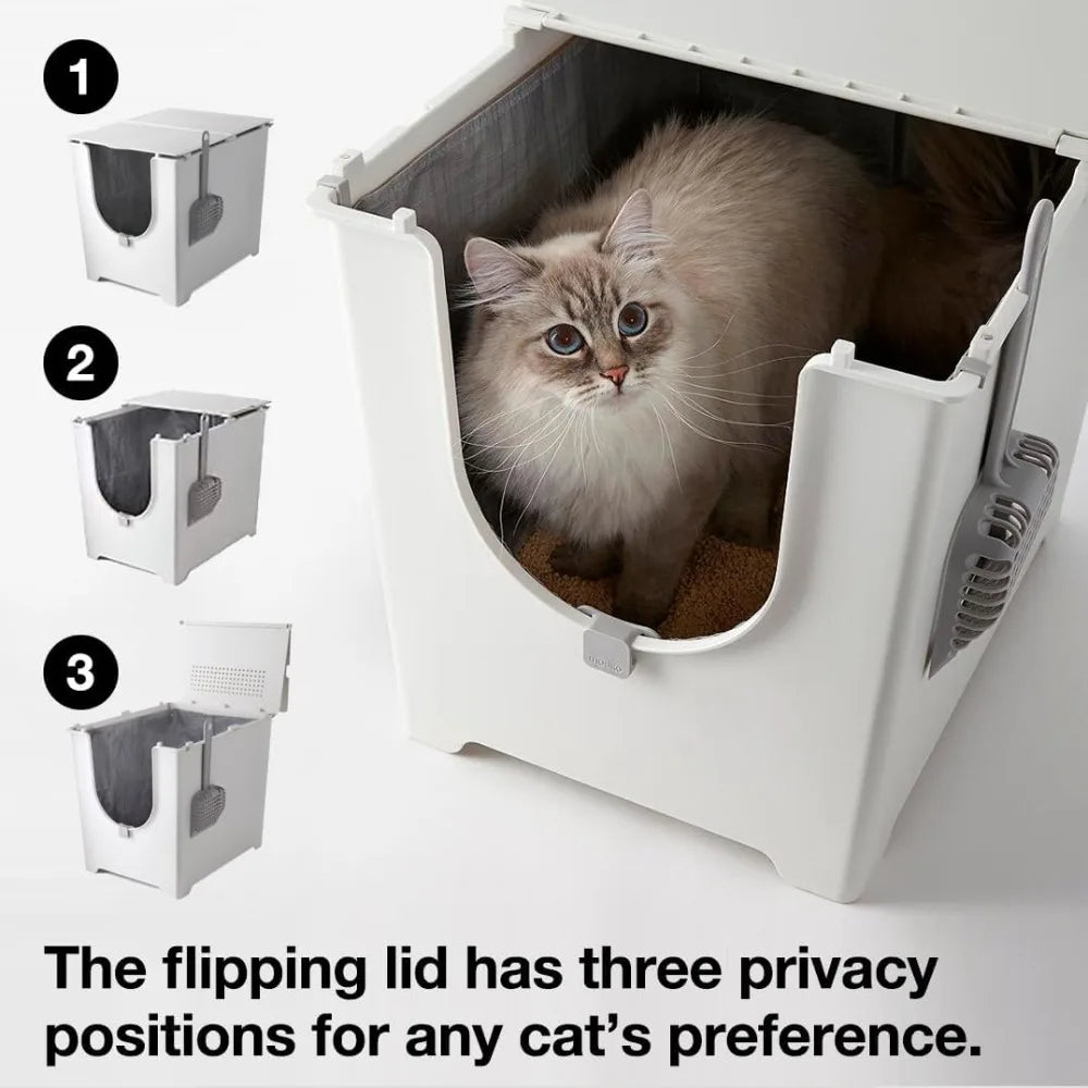 Flip Litter Box with Three Lid Positions and Reusable Liner for Easy Cat Care