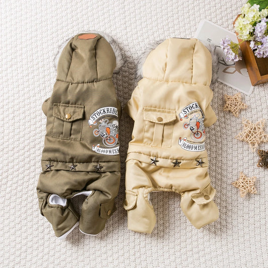 Pet Dog Thick Hooded Driver Style Four Legs Cotton Winter Coat Windproof Jumpsuit Warm Small Puppy Clothing
