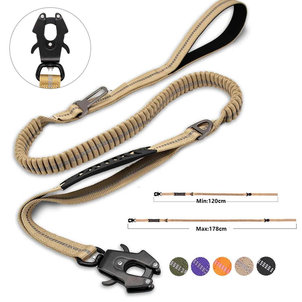 Reflective Shock Absorbing Heavy Duty Tactical Bungee Dog Leash with Car Seatbelt