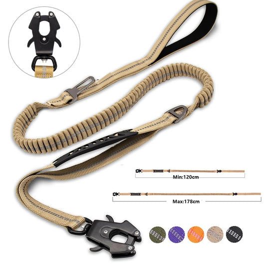 Reflective Shock Absorbing Heavy Duty Tactical Bungee Dog Leash with Car Seatbelt