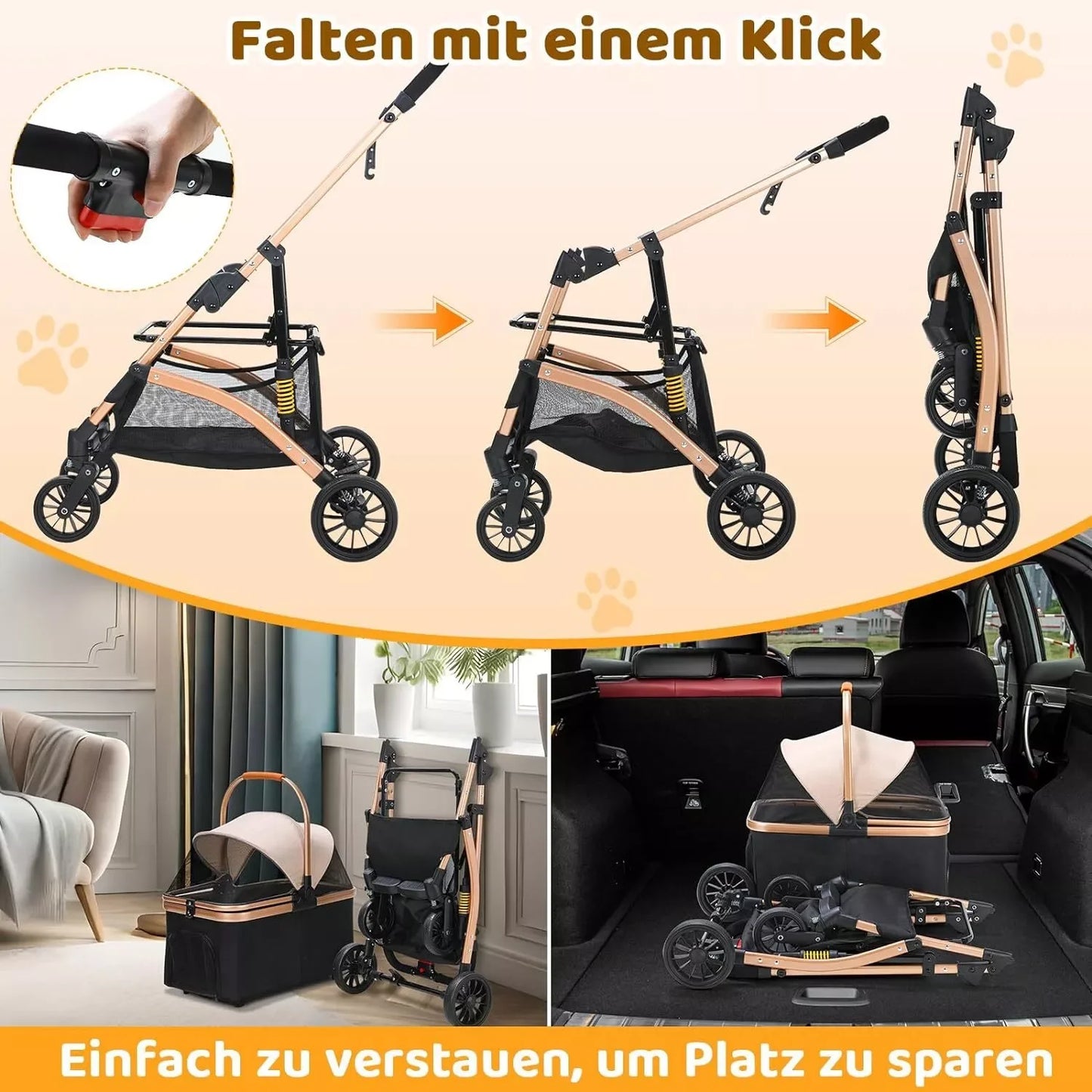 2 in 1 Dog Buggy Stroller with 360 Degree Wheels and Storage Basket