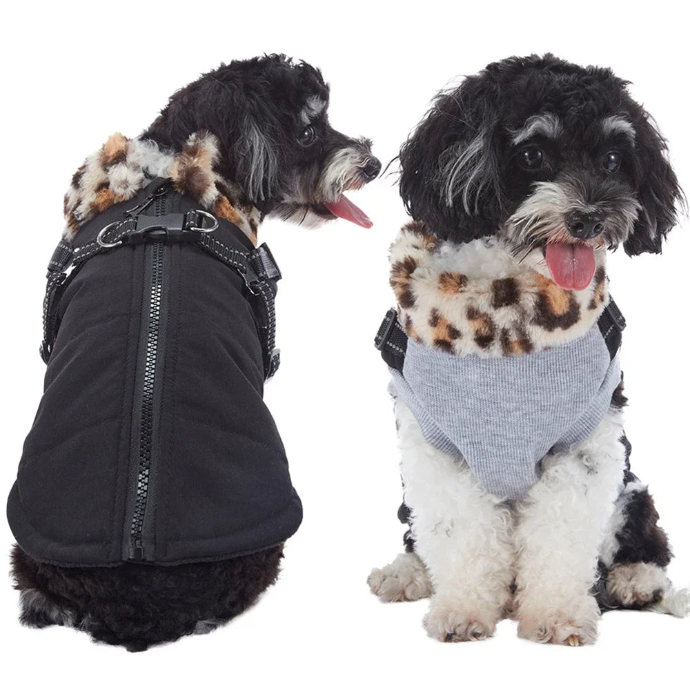 Winter Warm Dog Clothes Thicken Pet Jacket With Harness Fur Collar For Small Medium Chihuahua French Bulldog