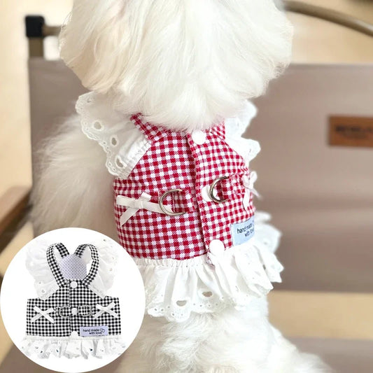 Miss Doggy Lace Puppy Harness Vest Plaid Summer Dog Outfit