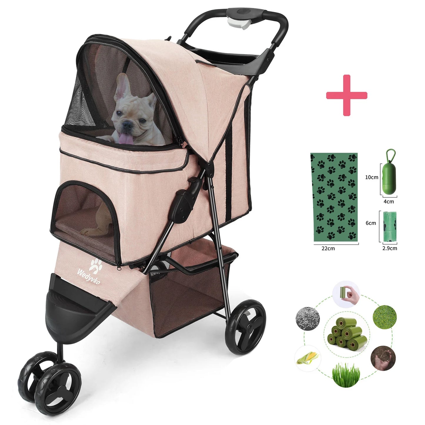 Three Wheel Foldable Pet Stroller with Storage Basket and Handle