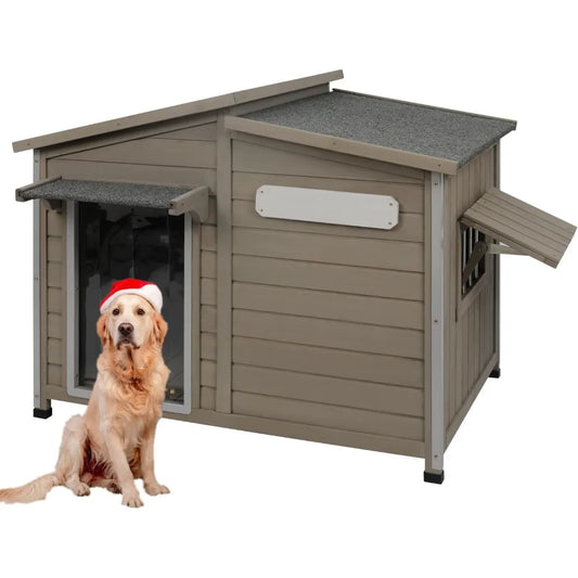 Large Weatherproof Wooden Dog House with Chew-Proof Frame