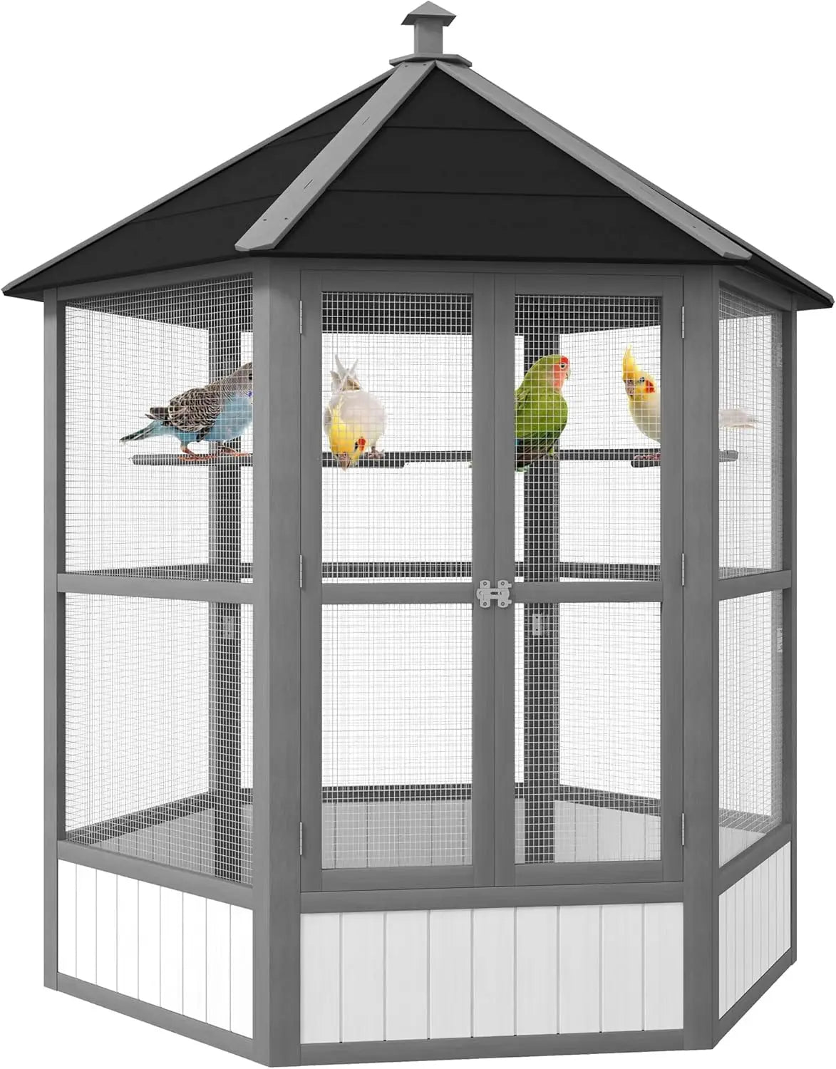 Hexagonal Outdoor Wooden Bird Aviary With Covered Roof